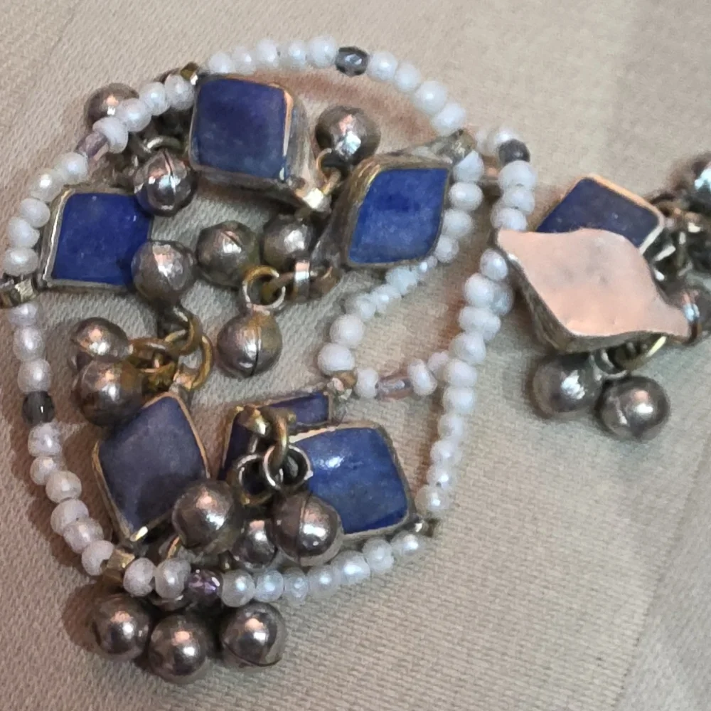 BLUE LAPIS STERLING 925 GENUINE SEED PEARL ANKLET 10 INCHES